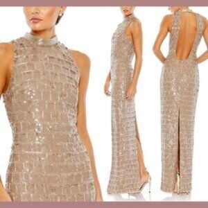 Mac Duggal Sequined High Neck Sleeveless Column Gown. Style 10907 Taupe …